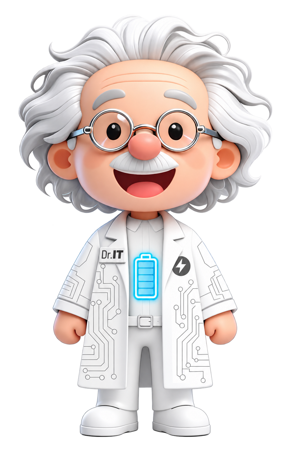 DoctorIT mascot holding a battery